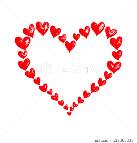 Heart-shaped design formed by red hand-drawn hearts on a white background, symbolizing love and romance. Valentine's day illustration. 122365333