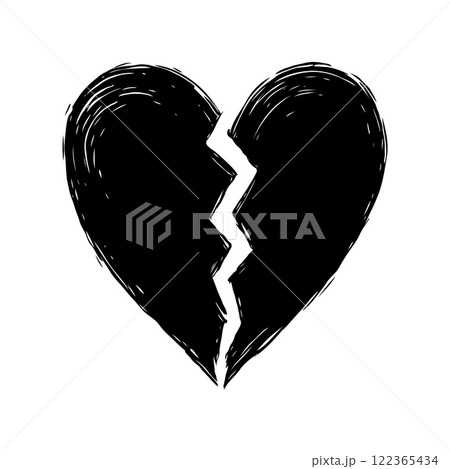 Black broken heart with a rough texture on a white background, symbolizing heartbreak, sadness, and emotional pain 122365434