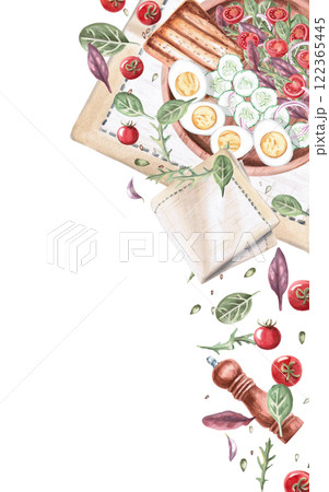 Vertical rectangular frame with country breakfast. Isolated watercolor illustration on food theme for restaurant menu design, gastronomic magazines and festivals. 122365445