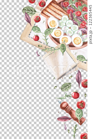 Vertical rectangular frame with country breakfast. Isolated watercolor illustration on food theme for restaurant menu design, gastronomic magazines and festivals. Vertical rectangular frame with country breakfast. Isolated watercolor illustration on food theme for restaurant menu design, gastronomic magazines and festivals. 122365445