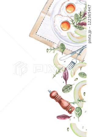Vertical rectangular frame with served plate with breakfast. Isolated watercolor illustration on breakfast theme for restaurant menu design, gastronomic magazines and festivals. Vertical rectangular frame with served plate with breakfast. Isolated watercolor illustration on breakfast theme for restaurant menu design, gastronomic magazines and festivals. 122365447