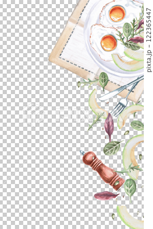 Vertical rectangular frame with served plate with breakfast. Isolated watercolor illustration on breakfast theme for restaurant menu design, gastronomic magazines and festivals. Vertical rectangular frame with served plate with breakfast. Isolated watercolor illustration on breakfast theme for restaurant menu design, gastronomic magazines and festivals. 122365447