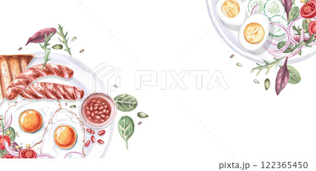 Rectangular frame with two plates with breakfast. Isolated watercolor illustration on the theme of English breakfast for restaurant menu design, gastronomic magazines and festivals. Rectangular frame with two plates with breakfast. Isolated watercolor illustration on the theme of English breakfast for restaurant menu design, gastronomic magazines and festivals. 122365450