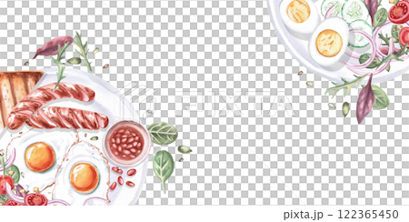 Rectangular frame with two plates with breakfast. Isolated watercolor illustration on the theme of English breakfast for restaurant menu design, gastronomic magazines and festivals. Rectangular frame with two plates with breakfast. Isolated watercolor illustration on the theme of English breakfast for restaurant menu design, gastronomic magazines and festivals. 122365450
