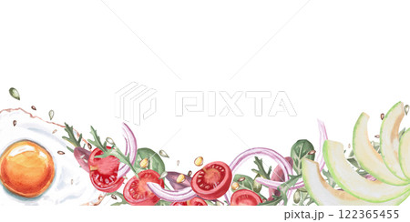 Rectangular frame with fried eggs, avocado, tomatoes and greens. Isolated watercolor illustration in realistic style on the theme of food for restaurant menus, gastronomic magazines and festivals. 122365455