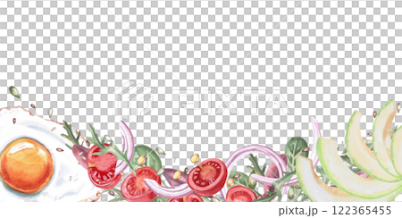 Rectangular frame with fried eggs, avocado, tomatoes and greens. Isolated watercolor illustration in realistic style on the theme of food for restaurant menus, gastronomic magazines and festivals. Rectangular frame with fried eggs, avocado, tomatoes and greens. Isolated watercolor illustration in realistic style on the theme of food for restaurant menus, gastronomic magazines and festivals. 122365455