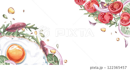 Rectangular frame with fried eggs, tomato slices and greens. Isolated watercolor illustration in realistic style on the theme of food for restaurant menus, gastronomic magazines and festivals. 122365457