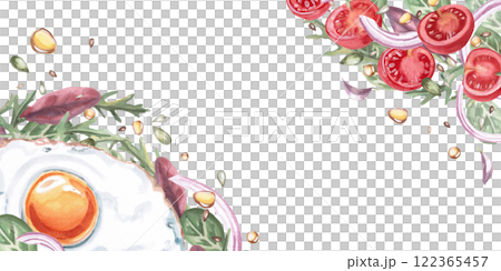 Rectangular frame with fried eggs, tomato slices and greens. Isolated watercolor illustration in realistic style on the theme of food for restaurant menus, gastronomic magazines and festivals. 122365457