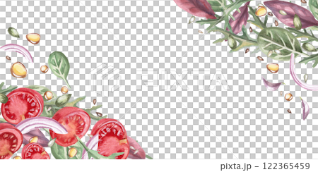 Rectangular frame with tomato slices and greenery. Isolated watercolor illustration in realistic style on food theme for restaurant menu design, gastronomic magazines and festivals. Rectangular frame with tomato slices and greenery. Isolated watercolor illustration in realistic style on food theme for restaurant menu design, gastronomic magazines and festivals. 122365459