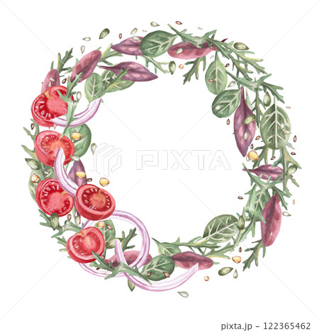 Round frame with tomatoes and greens. Isolated watercolor illustration in realistic style on the theme of food for restaurant menu design, gastronomic magazines and festivals. 122365462