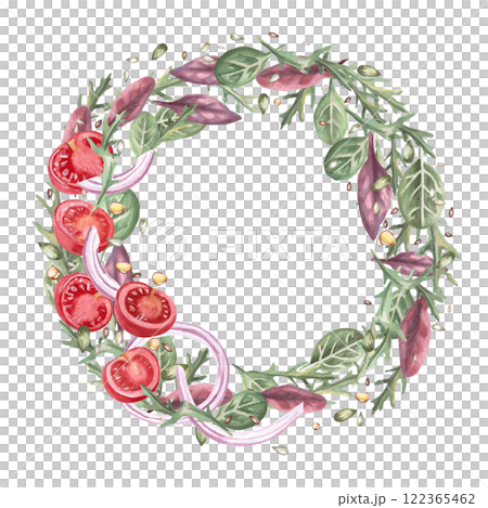 Round frame with tomatoes and greens. Isolated watercolor illustration in realistic style on the theme of food for restaurant menu design, gastronomic magazines and festivals. Round frame with tomatoes and greens. Isolated watercolor illustration in realistic style on the theme of food for restaurant menu design, gastronomic magazines and festivals. 122365462