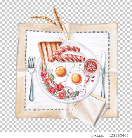 Breakfast served on a napkin. Isolated watercolor illustration on food theme for restaurant menu design, gastronomic magazines and festivals. Breakfast served on a napkin. Isolated watercolor illustration on food theme for restaurant menu design, gastronomic magazines and festivals. 122365465
