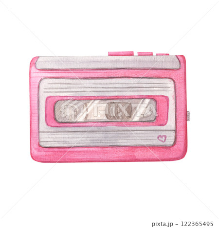 Watercolor illustration of a pink portable cassette player with a retro vibe. The technique of the era of the 80s and 90s. This nostalgic design is perfect for vintage-themed projects, music-related. 122365495