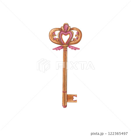 Watercolor illustration of a golden key with a heart-shaped design and pink accents. Antique key. Adornment of lovers. Ideal for romantic themes, wedding invitations, Valentines Day projects. Watercolor illustration of a golden key with a heart-shaped design and pink accents. Antique key. Adornment of lovers. Ideal for romantic themes, wedding invitations, Valentines Day projects. 122365497