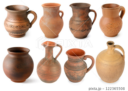 Set clay and ceramic jugs isolated on white 122365508