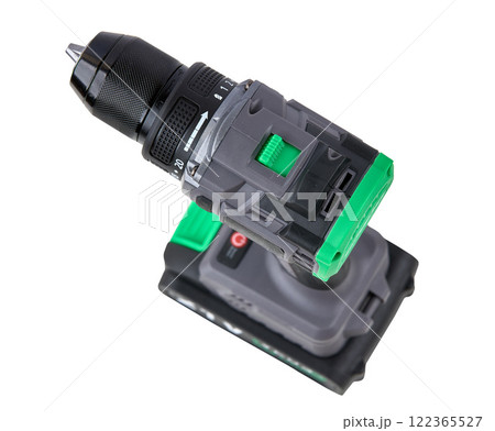 Cordless Electric Drill with 21V Lithium Battery Isolated on White Background 122365527