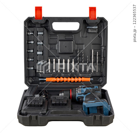 Cordless Electric Drill with 98V Lithium Battery Isolated on White Background 122365537