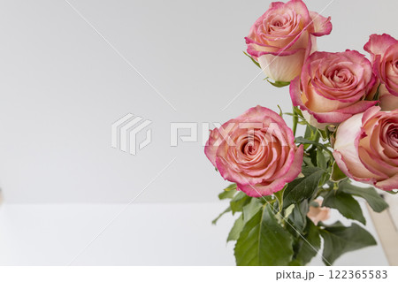 Beautiful bouquet of pink roses on white background 122365583
