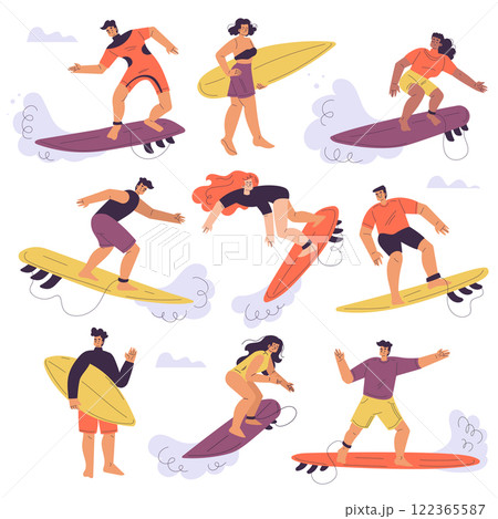 Man and Woman Surfer with Surfboard Ride Ocean Wave Vector Set Man and Woman Surfer with Surfboard Ride Ocean Wave Vector Set 122365587