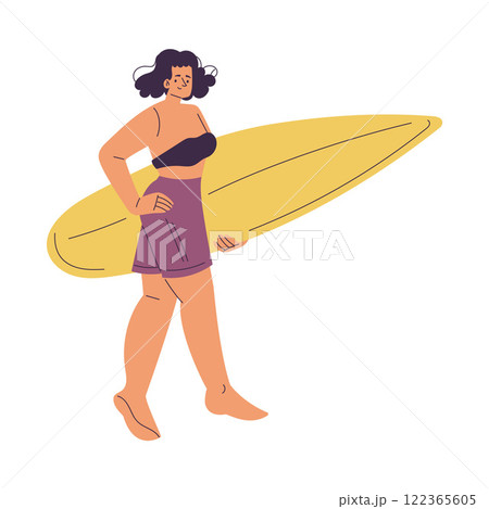 Woman Surfer Character with Surfboard Standing Vector Illustration 122365605