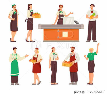 Man and Woman Supermarket Employee and Worker Vector Set Man and Woman Supermarket Employee and Worker Vector Set 122365619