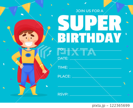 Happy Kid Superhero Wearing Colorful Costume Birthday Party Invitation Vector Illustration 122365699