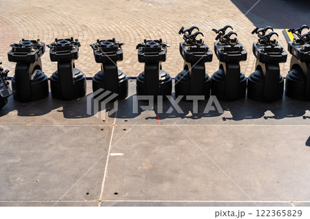 Concert lighting equipment awaits installation on stage Concert lighting equipment awaits installation on stage 122365829