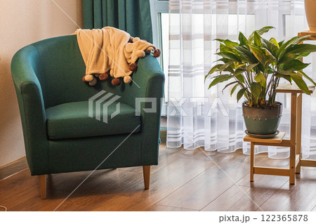 Close up of the cozy corner in the apartment with comfortable arm chair. Close up of the cozy corner in the apartment with comfortable arm chair. 122365878