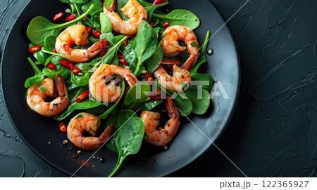 Fresh shrimp salad with spinach and chili served on a dark plate for a vibrant meal option 122365927