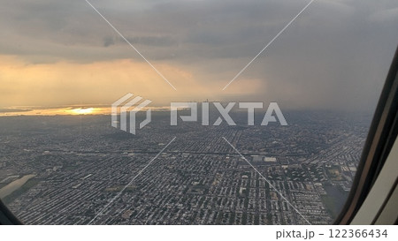 View of New York from an airplane. View from the porthole 122366434