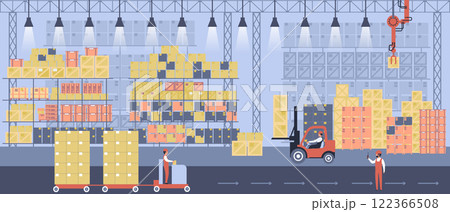 Warehouse Interior. Goods, Freight, Cargo on Shelf. Storage with Pallet, Container and Box. Professional Factory Worker Character in Overall Uniform Warehouse Interior. Goods, Freight, Cargo on Shelf. Storage with Pallet, Container and Box. Professional Factory Worker Character in Overall Uniform 122366508