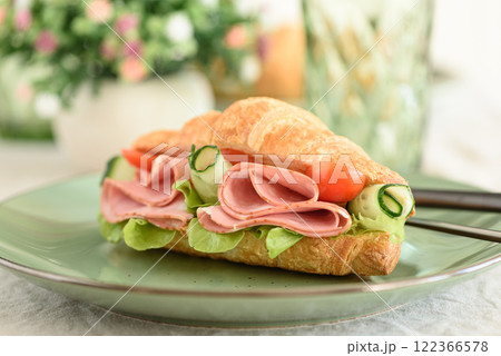 Ham and Cheese Croissant Sandwich. Healthy breakfast. Close-up 122366578