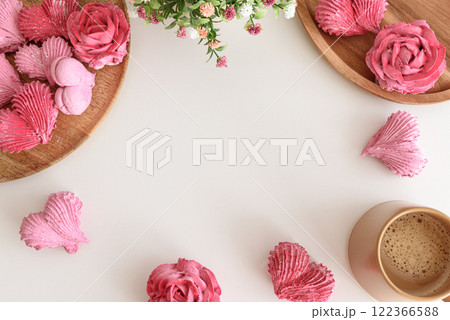 Romantic coffee flat lay with rose and heart shape marshmallow. Valentine's Day celebration. Template Romantic coffee flat lay with rose and heart shape marshmallow. Valentine's Day celebration. Template 122366588