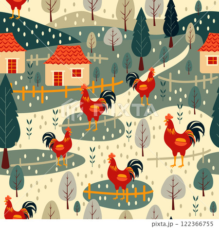 village yard with roosters and houses. seamless vector pattern 122366755