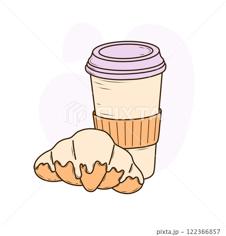The light cream disposable paper coffee cup with lavender lid and an orange sleeve around it for heat protection. Next to it is a croissant with a cream glaze on top. Vector illustration in a simple The light cream disposable paper coffee cup with lavender lid and an orange sleeve around it for heat protection. Next to it is a croissant with a cream glaze on top. Vector illustration in a simple 122366857