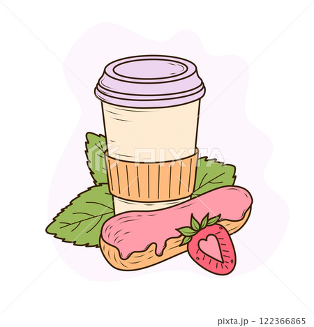 A paper takeaway coffee cup with a lavender lid and orange sleeve, next to it an eclair with pink icing and fresh strawberries. The composition is complemented by green mint leaves and a soft purple 122366865