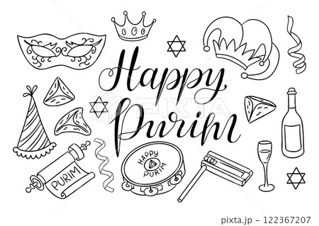 Doodle outline Purim illustration with masks 122367207