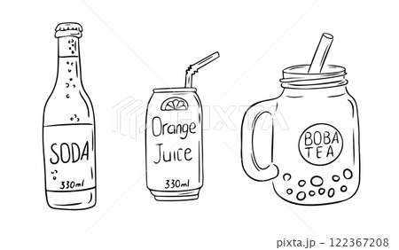 Hand drawn contour illustration of three drinks Hand drawn contour illustration of three drinks 122367208