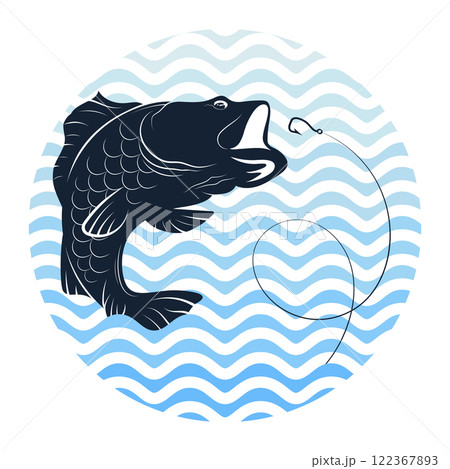 Fish on blue waves jumping for bait 122367893
