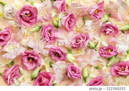 Delicate blooming festive daffodils, roses and eustomas, blossoming light pink summer flowers bright background, bouquet floral card Delicate blooming festive daffodils, roses and eustomas, blossoming light pink summer flowers bright background, bouquet floral card 122368281