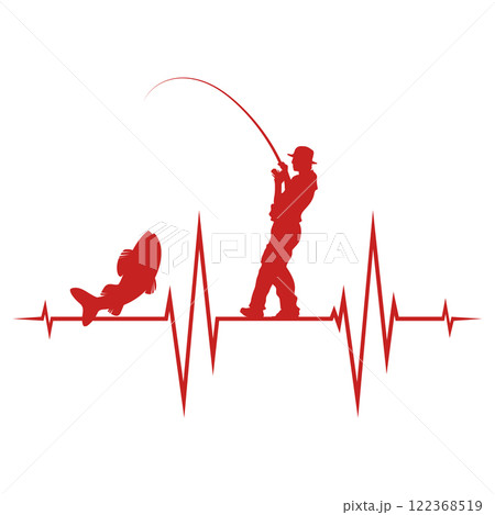 Fisherman catches fish and heart rate symbol 122368519