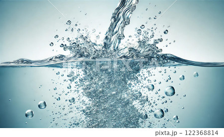 透明感のある水が勢いよく流れ込み、水しぶきが広がる瞬間を描いたリアルなイラスト 122368814