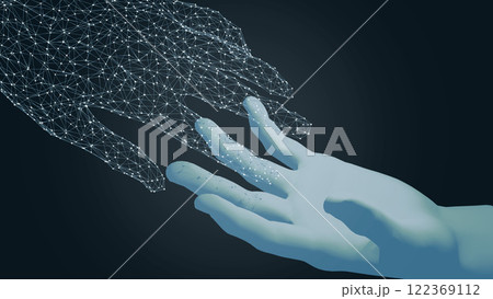 A symbolic image depicting a human hand and an AI-powered network hand reaching out to connect, showcasing the union of humanity and advanced technology in a futuristic digital world. 3d rendering A symbolic image depicting a human hand and an AI-powered network hand reaching out to connect, showcasing the union of humanity and advanced technology in a futuristic digital world. 3d rendering 122369112