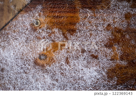 Icy wooden terrace. Winter. Ice texture background Icy wooden terrace. Winter. Ice texture background 122369143