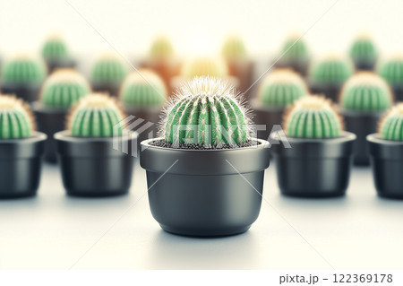 Vibrant Cactus Plant in a Modern Pot Set Against Soft Springtime Garden Background 122369178