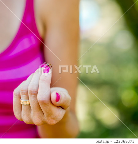 Close-up view of female hand with ladybird bug 122369373