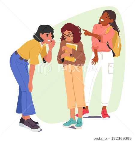 Teenage girls bullying younger female student who weeping with tears feeling stress and sadness 122369399
