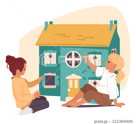 Little preschool girls playing doll house enjoying funny entertainment in kindergarten cartoon scene 122369400