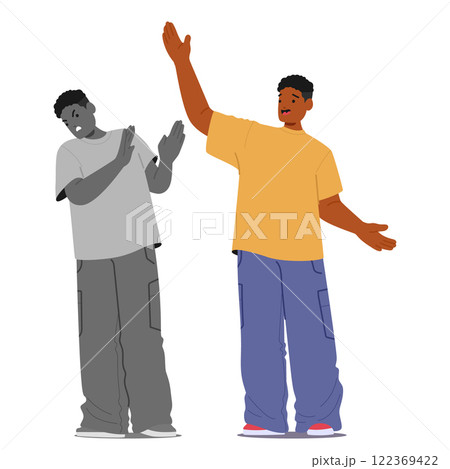 Friendly teenage boy character masking natural negative emotion under positivity and amiability 122369422