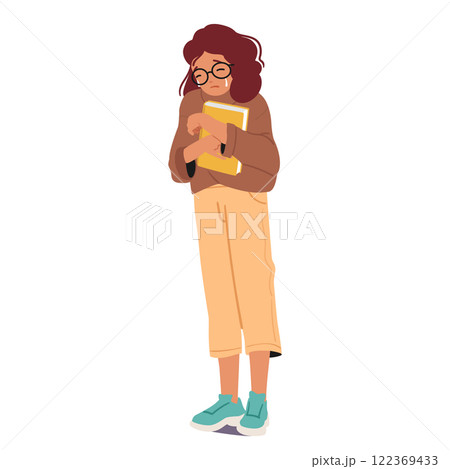 Tearful schoolgirl crying feeling upset and stressed shrinks with whole body hugs books to chest Tearful schoolgirl crying feeling upset and stressed shrinks with whole body hugs books to chest 122369433